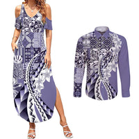 Aloha Vintage Plumeria Hawaiian Tapa Pattern Couples Matching Summer Maxi Dress and Long Sleeve Button Shirt Purple Hawaiian Tapa Pattern - Polynesian Pride
