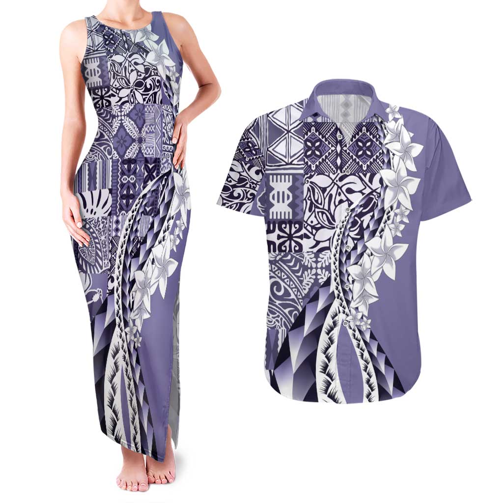 Aloha Vintage Plumeria Hawaiian Tapa Pattern Couples Matching Tank Maxi Dress and Hawaiian Shirt Purple Hawaiian Tapa Pattern - Polynesian Pride