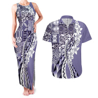 Aloha Vintage Plumeria Hawaiian Tapa Pattern Couples Matching Tank Maxi Dress and Hawaiian Shirt Purple Hawaiian Tapa Pattern - Polynesian Pride