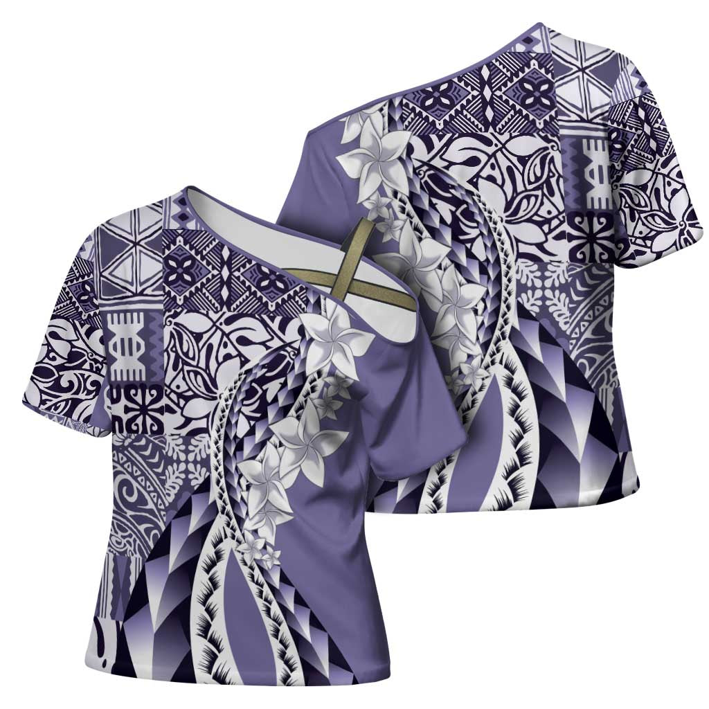 Aloha Vintage Plumeria Hawaiian Tapa Pattern Cross Shoulder Shirt Purple Hawaiian Tapa Pattern - Polynesian Pride