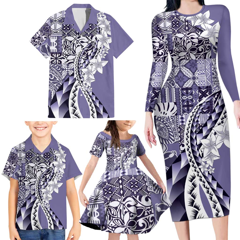 Aloha Vintage Plumeria Hawaiian Tapa Pattern Family Matching Long Sleeve Bodycon Dress and Hawaiian Shirt Purple Hawaiian Tapa Pattern - Polynesian Pride