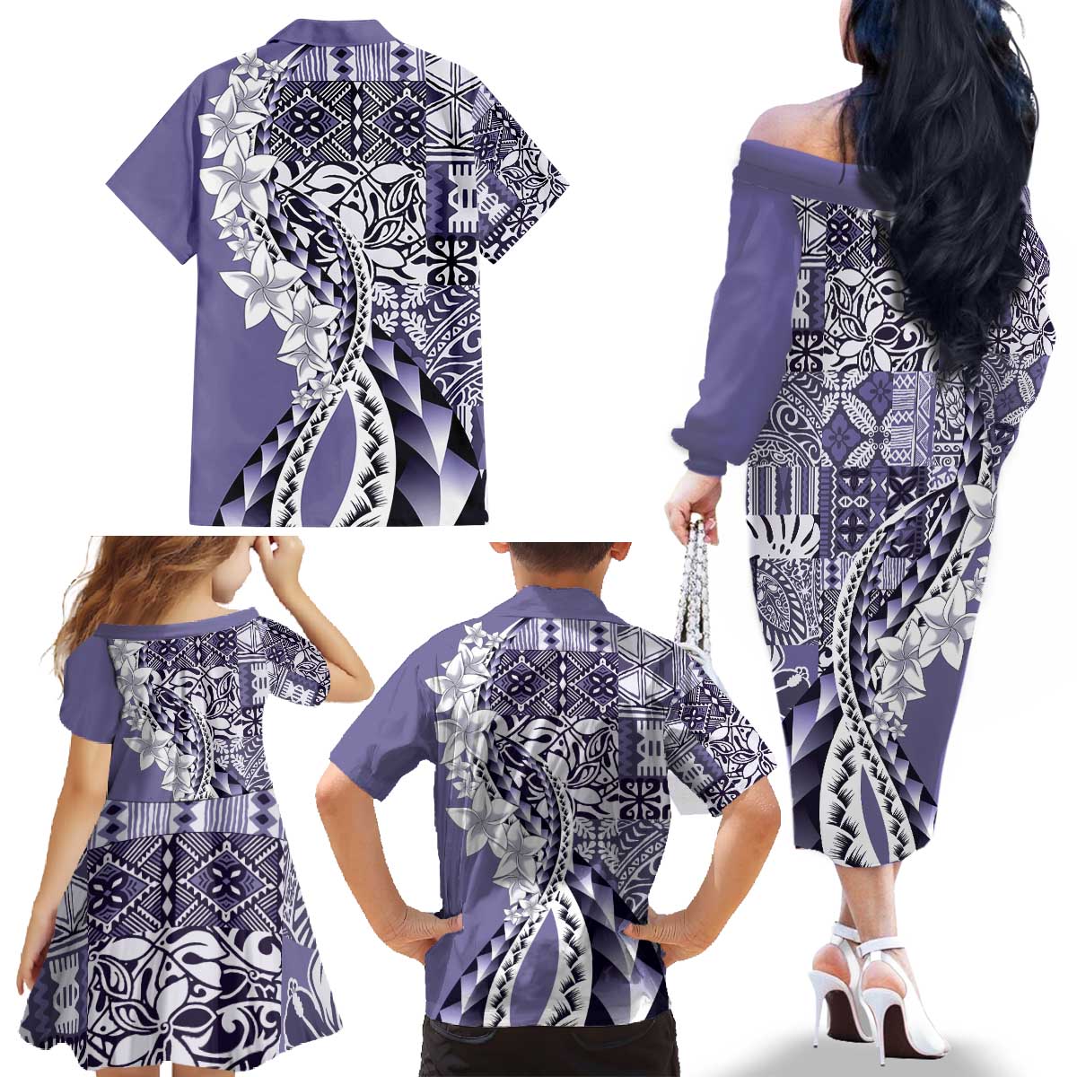 Aloha Vintage Plumeria Hawaiian Tapa Pattern Family Matching Off The Shoulder Long Sleeve Dress and Hawaiian Shirt Purple Hawaiian Tapa Pattern - Polynesian Pride