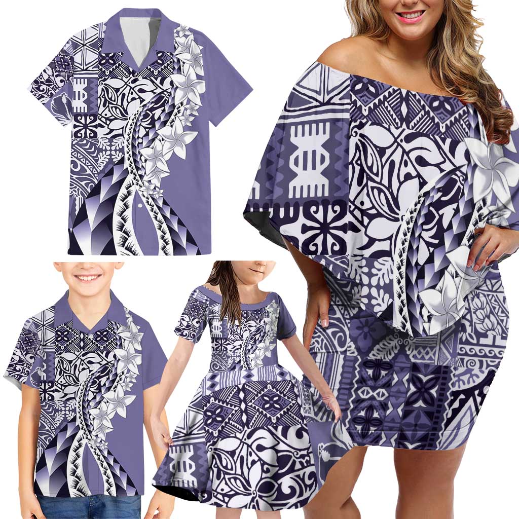 Aloha Vintage Plumeria Hawaiian Tapa Pattern Family Matching Off Shoulder Short Dress and Hawaiian Shirt Purple Hawaiian Tapa Pattern - Polynesian Pride