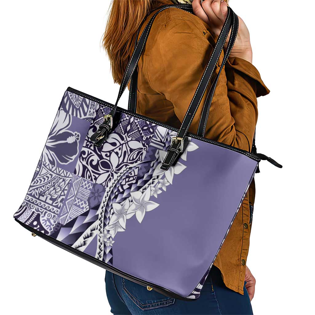 Aloha Vintage Plumeria Hawaiian Tapa Pattern Leather Tote Bag Purple Hawaiian Tapa Pattern - Polynesian Pride