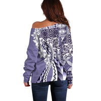 Aloha Vintage Plumeria Hawaiian Tapa Pattern Off Shoulder Sweater Purple Hawaiian Tapa Pattern - Polynesian Pride