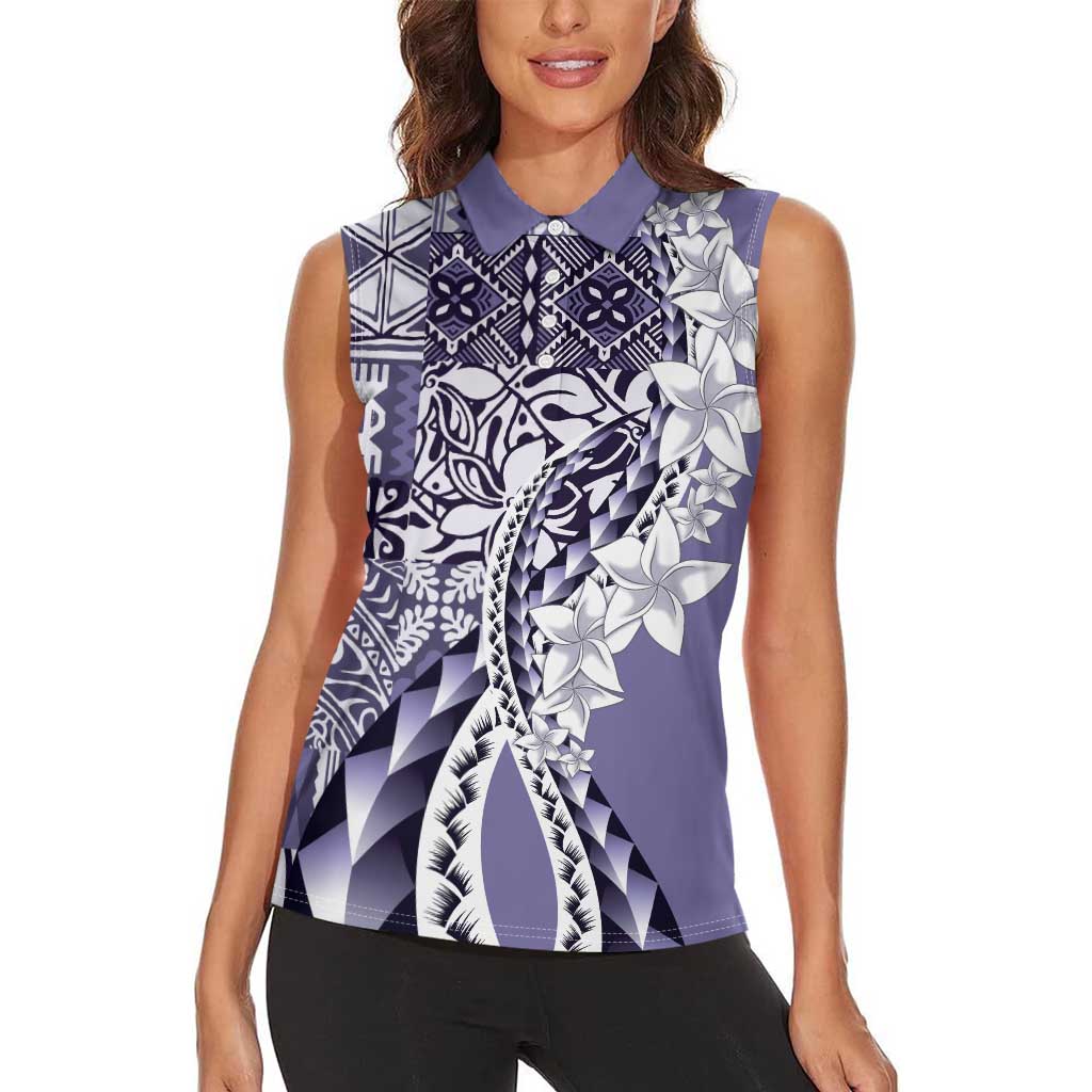 Aloha Vintage Plumeria Hawaiian Tapa Pattern Women Sleeveless Polo Shirt Purple Hawaiian Tapa Pattern - Polynesian Pride