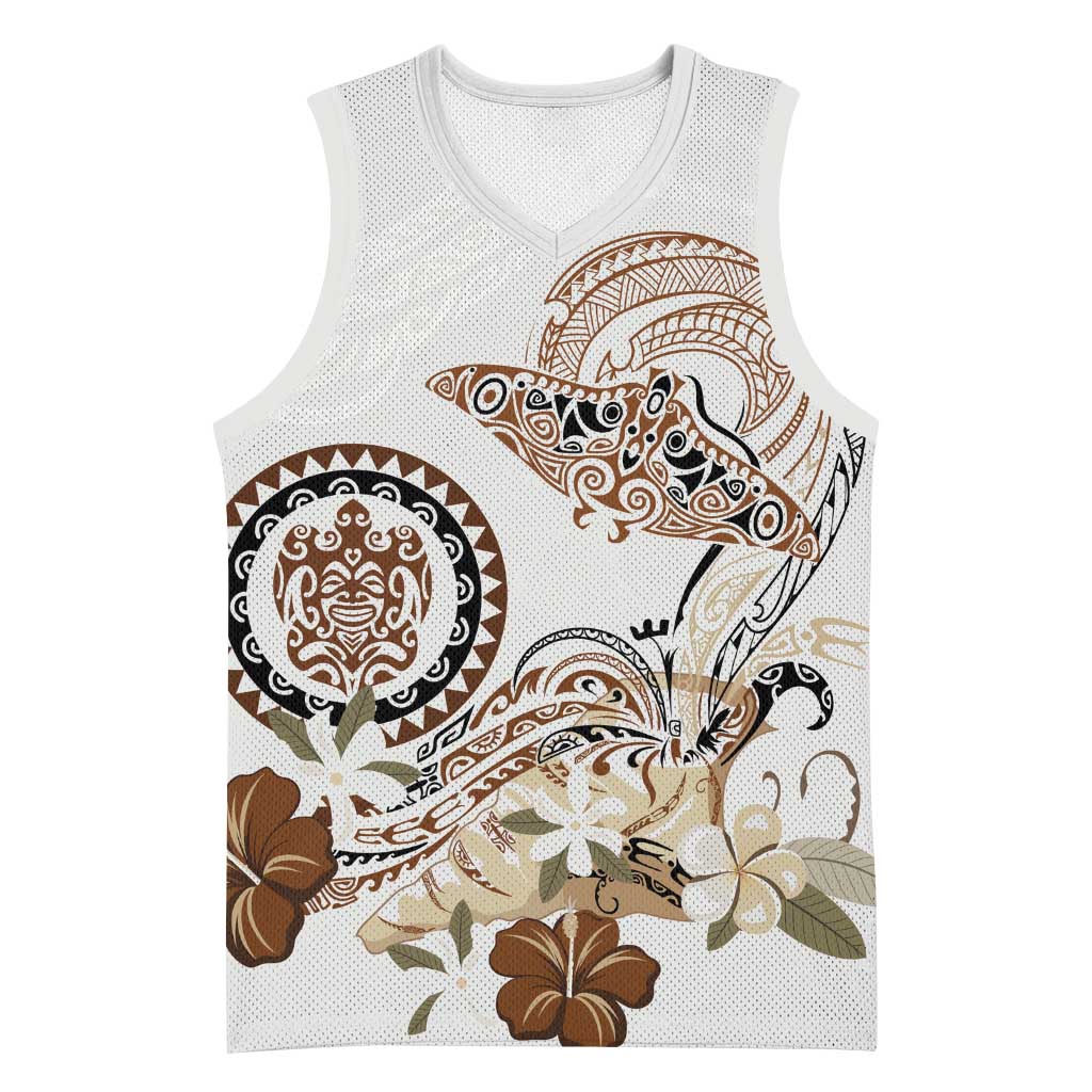 Polynesian Manta Ray Basketball Jersey Beige Floral Turtle Tattoo - Polynesian Pride