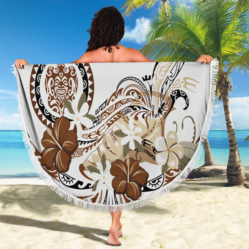 Polynesian Manta Ray Beach Blanket Beige Floral Turtle Tattoo - Polynesian Pride
