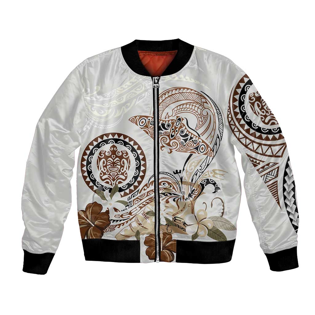 Polynesian Manta Ray Bomber Jacket Beige Floral Turtle Tattoo LT9 Unisex Beige - Polynesian Pride