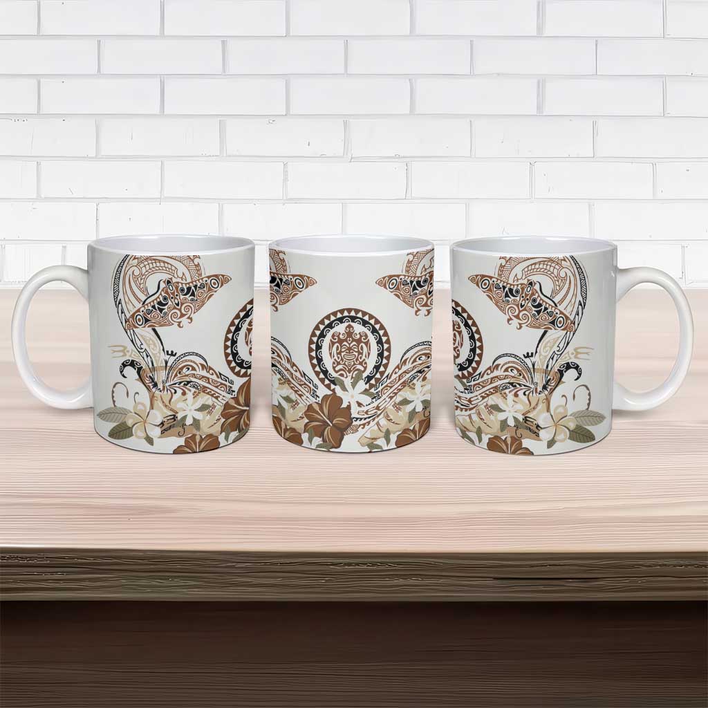 Polynesian Manta Ray Ceramic Mug Beige Floral Turtle Tattoo - Polynesian Pride