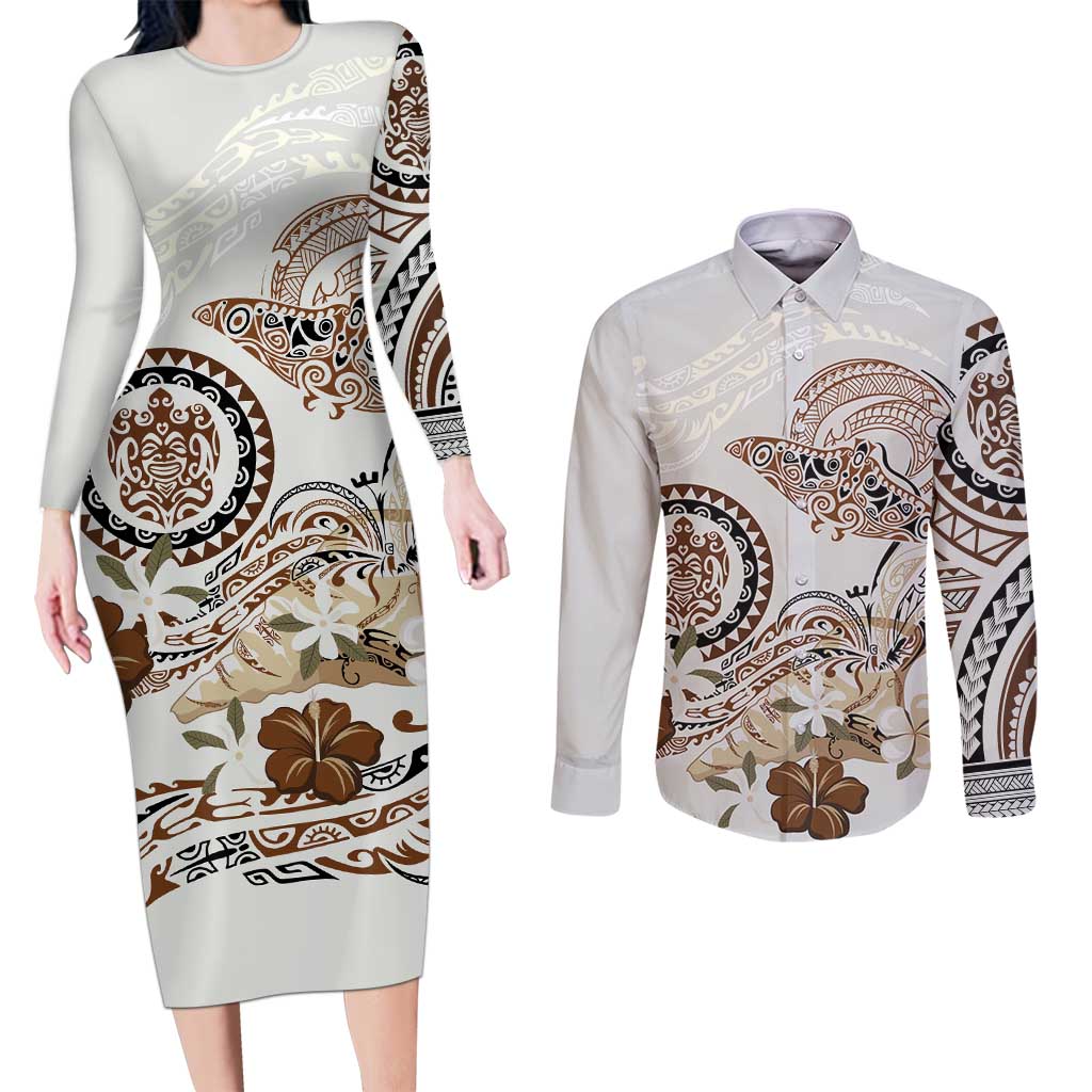 Polynesian Manta Ray Couples Matching Long Sleeve Bodycon Dress and Long Sleeve Button Shirt Beige Floral Turtle Tattoo - Polynesian Pride