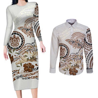 Polynesian Manta Ray Couples Matching Long Sleeve Bodycon Dress and Long Sleeve Button Shirt Beige Floral Turtle Tattoo - Polynesian Pride