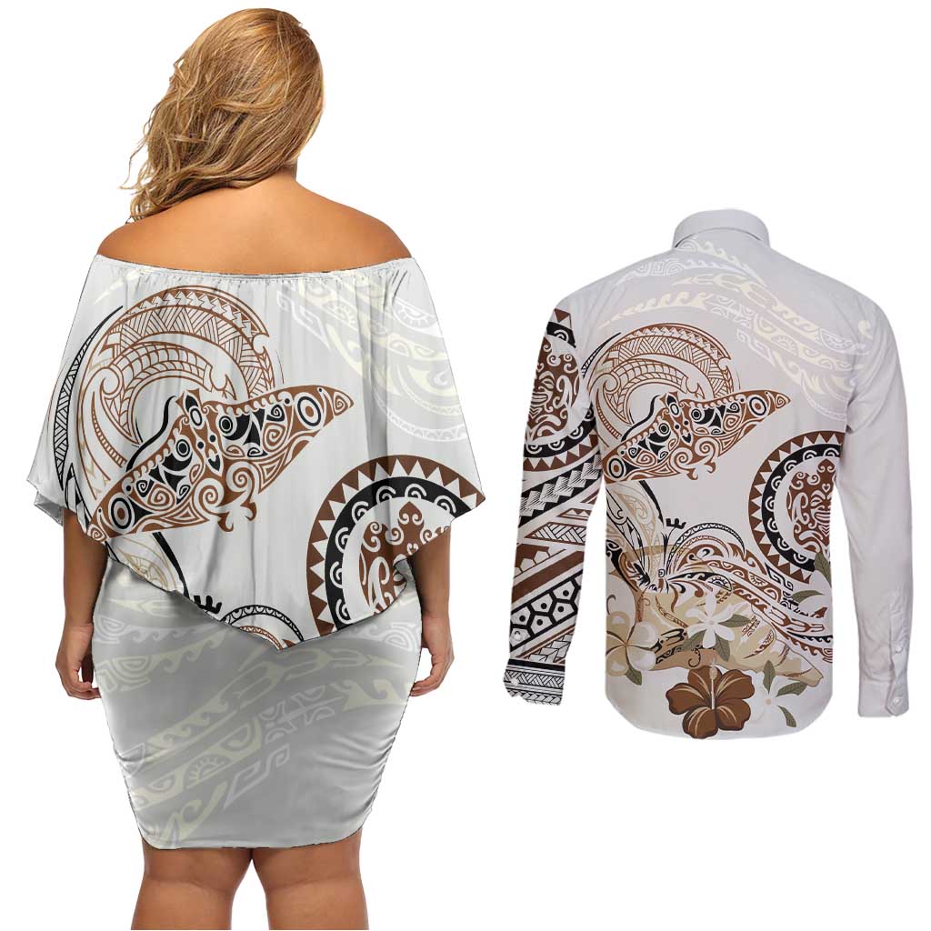 Polynesian Manta Ray Couples Matching Off Shoulder Short Dress and Long Sleeve Button Shirt Beige Floral Turtle Tattoo - Polynesian Pride