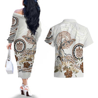 Polynesian Manta Ray Couples Matching Off The Shoulder Long Sleeve Dress and Hawaiian Shirt Beige Floral Turtle Tattoo - Polynesian Pride