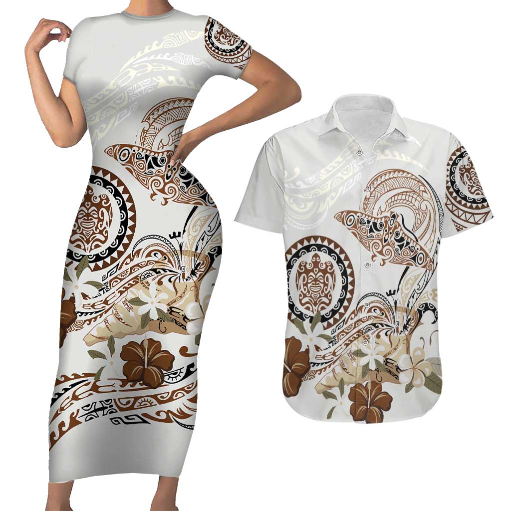 Polynesian Manta Ray Couples Matching Short Sleeve Bodycon Dress and Hawaiian Shirt Beige Floral Turtle Tattoo - Polynesian Pride