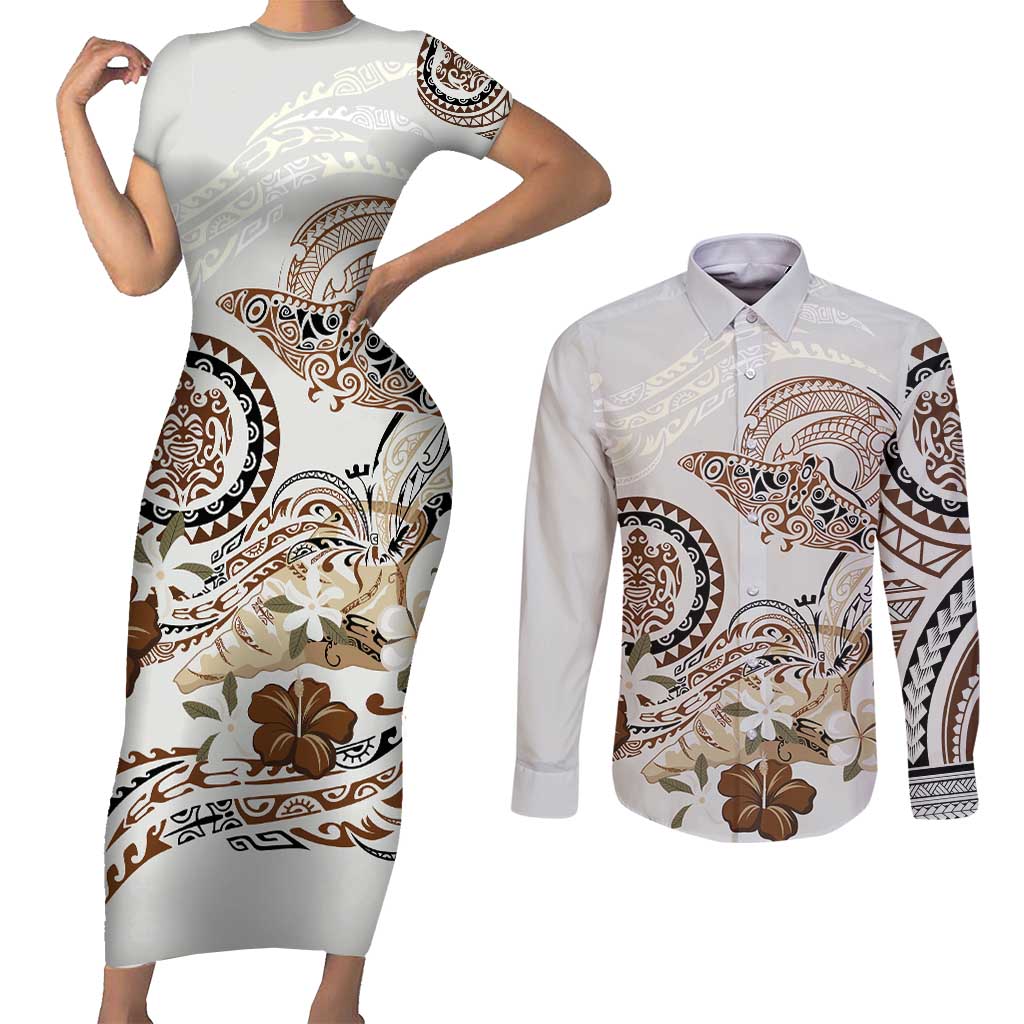 Polynesian Manta Ray Couples Matching Short Sleeve Bodycon Dress and Long Sleeve Button Shirt Beige Floral Turtle Tattoo - Polynesian Pride
