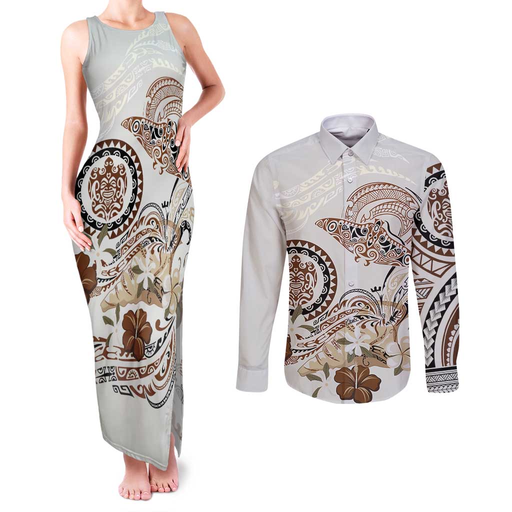 Polynesian Manta Ray Couples Matching Tank Maxi Dress and Long Sleeve Button Shirt Beige Floral Turtle Tattoo - Polynesian Pride