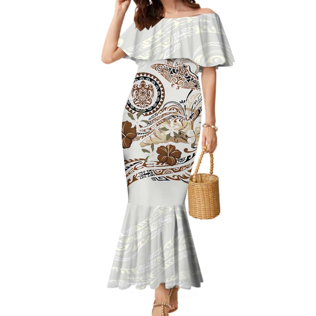 Polynesian Manta Ray Family Matching Mermaid Dress and Hawaiian Shirt Beige Floral Turtle Tattoo - Polynesian Pride