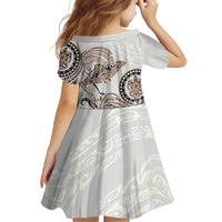 Polynesian Manta Ray Family Matching Off The Shoulder Long Sleeve Dress and Hawaiian Shirt Beige Floral Turtle Tattoo - Polynesian Pride