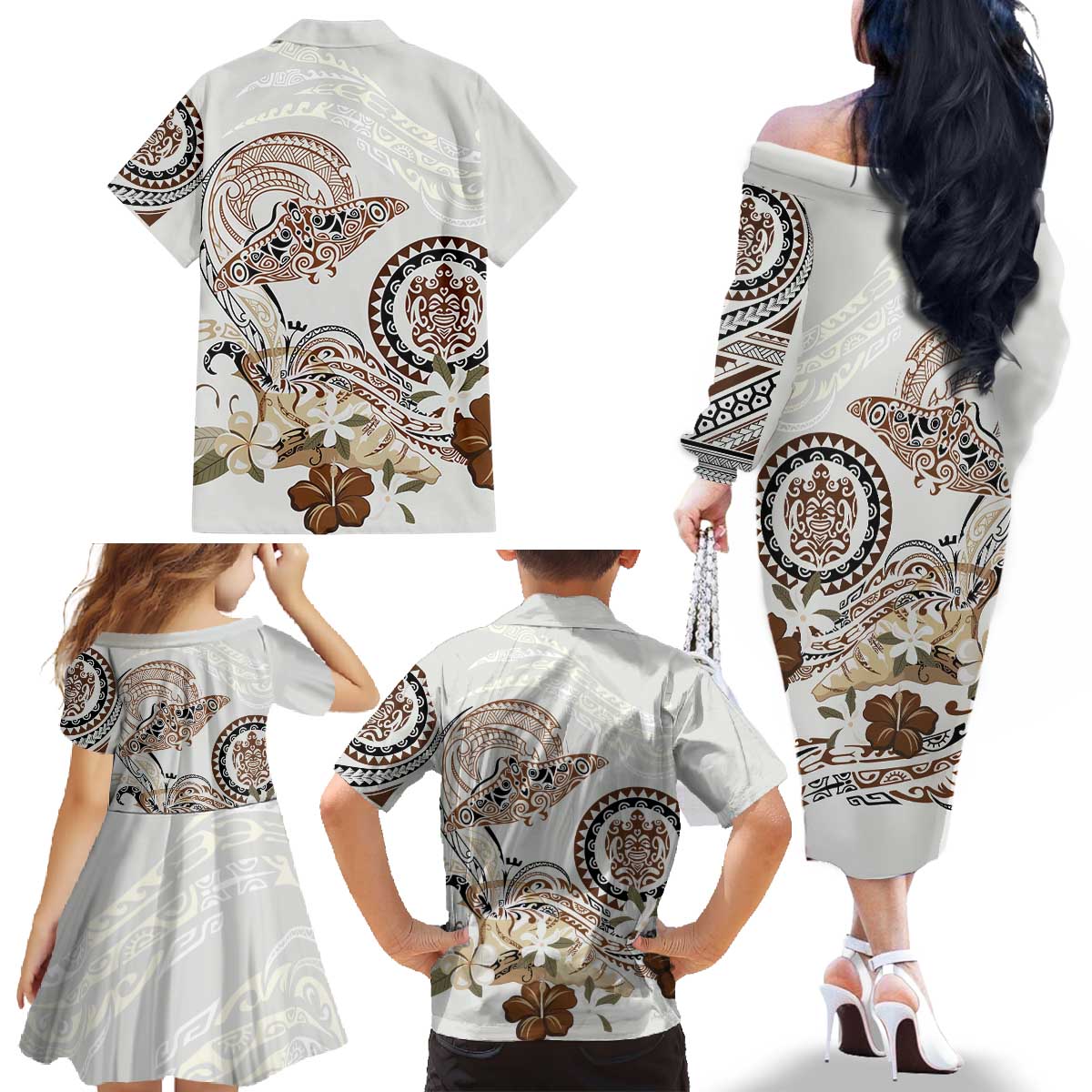 Polynesian Manta Ray Family Matching Off The Shoulder Long Sleeve Dress and Hawaiian Shirt Beige Floral Turtle Tattoo - Polynesian Pride
