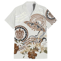 Polynesian Manta Ray Family Matching Off The Shoulder Long Sleeve Dress and Hawaiian Shirt Beige Floral Turtle Tattoo - Polynesian Pride