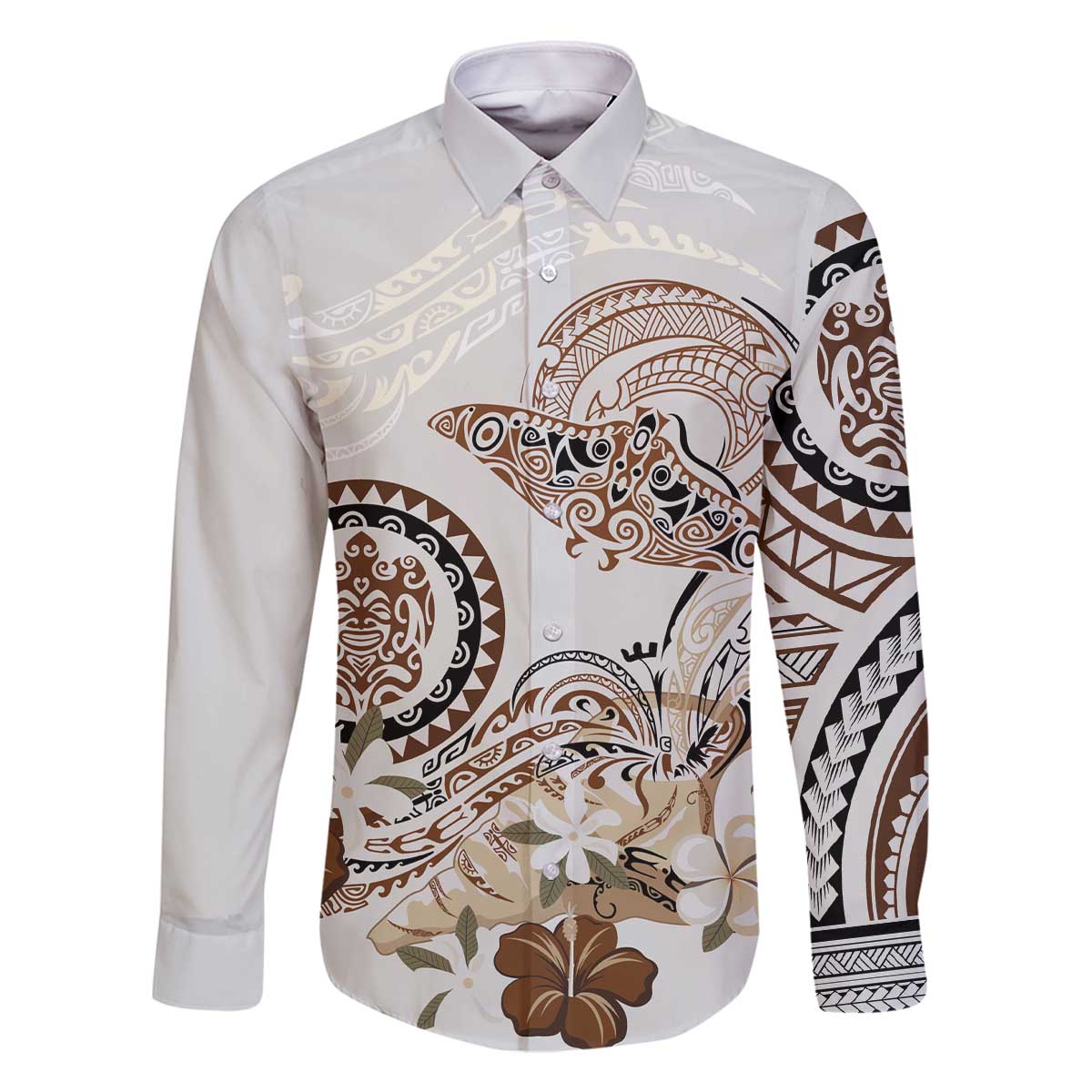 Polynesian Manta Ray Family Matching Off The Shoulder Long Sleeve Dress and Hawaiian Shirt Beige Floral Turtle Tattoo - Polynesian Pride