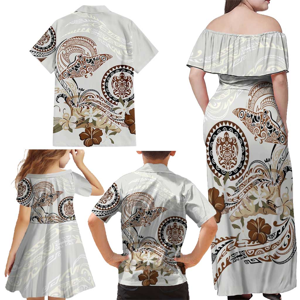 Polynesian Manta Ray Family Matching Off Shoulder Maxi Dress and Hawaiian Shirt Beige Floral Turtle Tattoo - Polynesian Pride