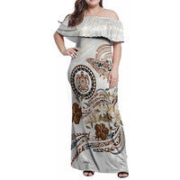 Polynesian Manta Ray Family Matching Off Shoulder Maxi Dress and Hawaiian Shirt Beige Floral Turtle Tattoo - Polynesian Pride