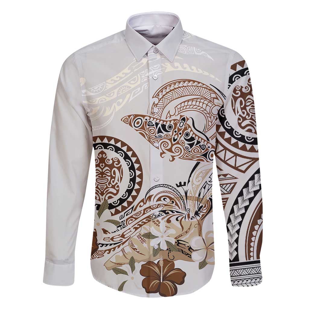 Polynesian Manta Ray Family Matching Off Shoulder Short Dress and Hawaiian Shirt Beige Floral Turtle Tattoo - Polynesian Pride