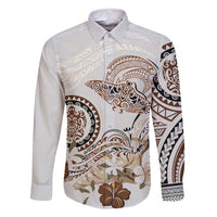 Polynesian Manta Ray Family Matching Off Shoulder Short Dress and Hawaiian Shirt Beige Floral Turtle Tattoo - Polynesian Pride