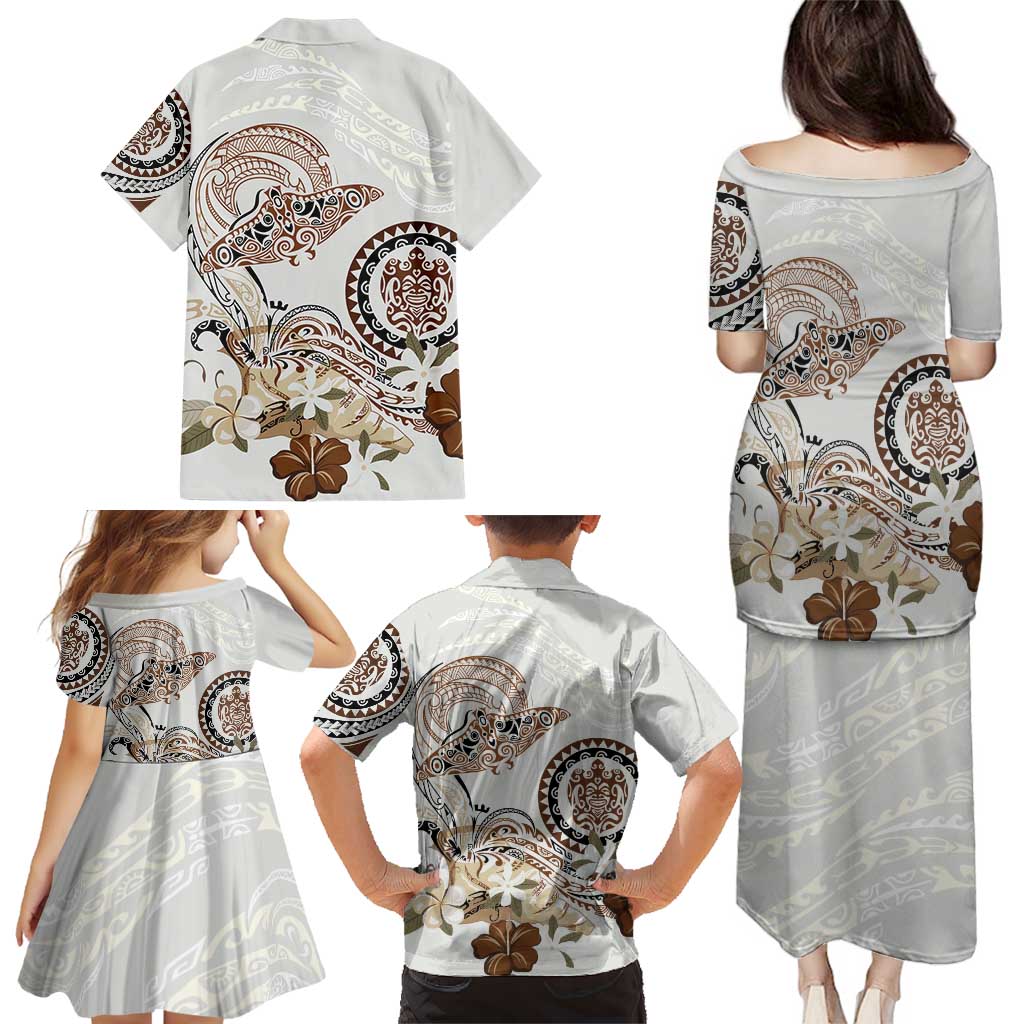 Polynesian Manta Ray Family Matching Puletasi and Hawaiian Shirt Beige Floral Turtle Tattoo - Polynesian Pride