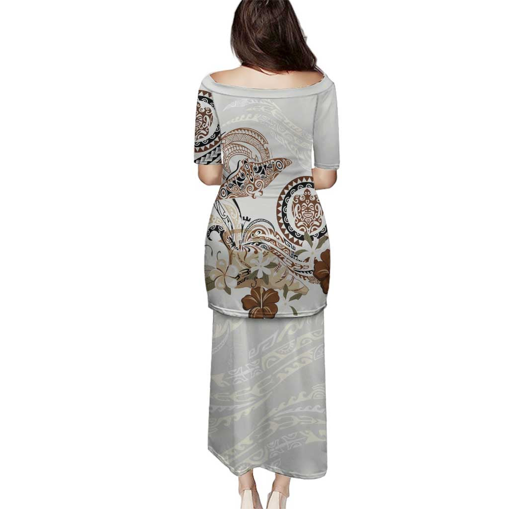 Polynesian Manta Ray Family Matching Puletasi and Hawaiian Shirt Beige Floral Turtle Tattoo - Polynesian Pride