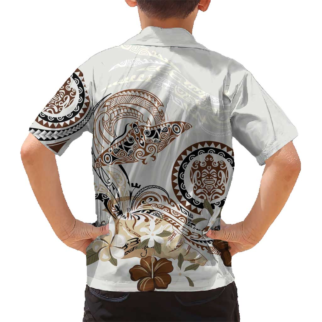 Polynesian Manta Ray Family Matching Short Sleeve Bodycon Dress and Hawaiian Shirt Beige Floral Turtle Tattoo - Polynesian Pride