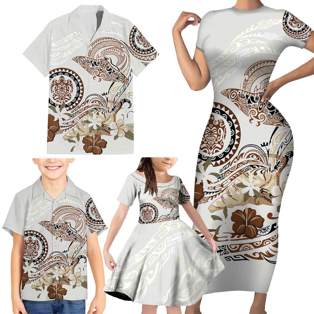 Polynesian Manta Ray Family Matching Short Sleeve Bodycon Dress and Hawaiian Shirt Beige Floral Turtle Tattoo - Polynesian Pride