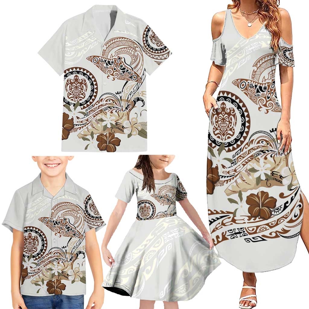 Polynesian Manta Ray Family Matching Summer Maxi Dress and Hawaiian Shirt Beige Floral Turtle Tattoo - Polynesian Pride