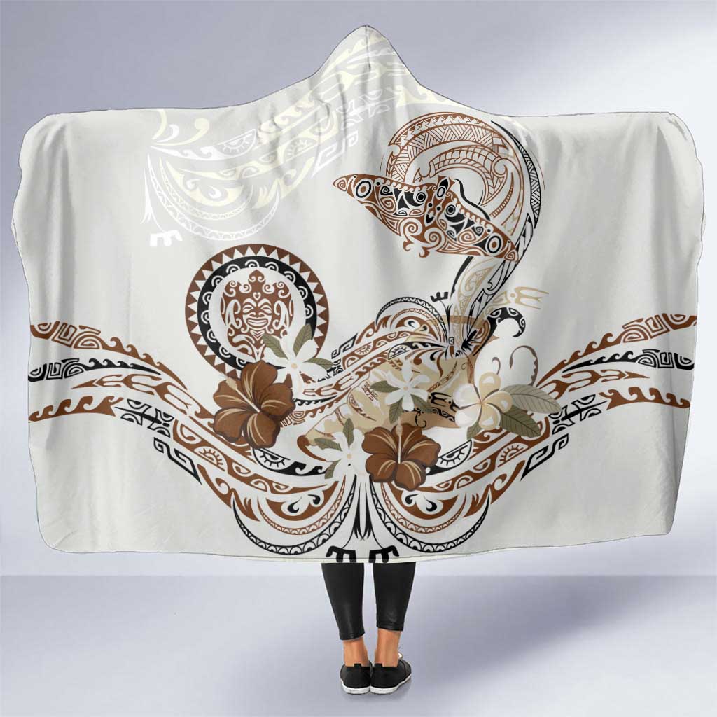 Polynesian Manta Ray Hooded Blanket Beige Floral Turtle Tattoo - Polynesian Pride