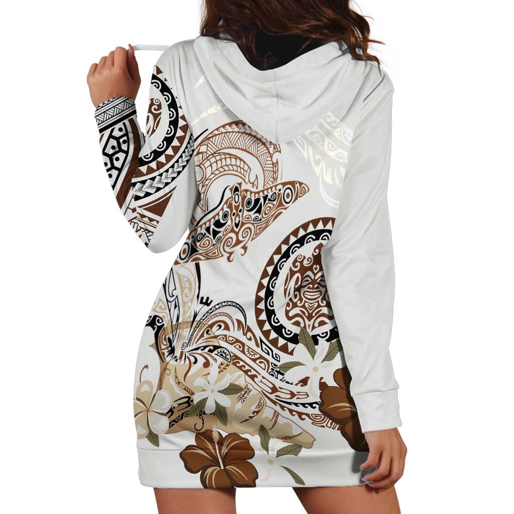 Polynesian Manta Ray Hoodie Dress Beige Floral Turtle Tattoo - Polynesian Pride