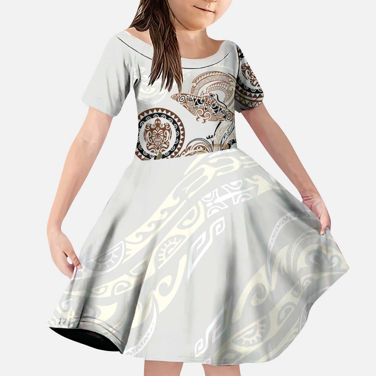 Polynesian Manta Ray Kid Short Sleeve Dress Beige Floral Turtle Tattoo - Polynesian Pride