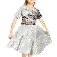 Polynesian Manta Ray Kid Short Sleeve Dress Beige Floral Turtle Tattoo - Polynesian Pride