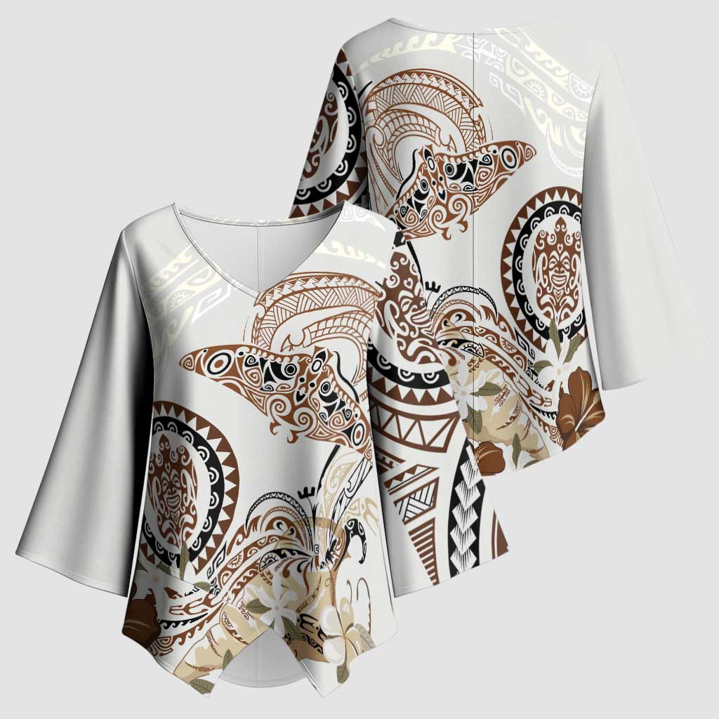 Polynesian Manta Ray Kimono Sleeve Blouse Beige Floral Turtle Tattoo - Polynesian Pride