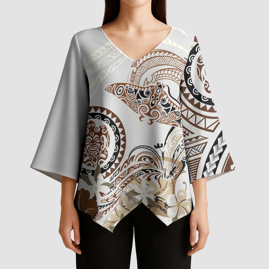 Polynesian Manta Ray Kimono Sleeve Blouse Beige Floral Turtle Tattoo - Polynesian Pride