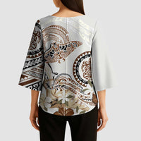 Polynesian Manta Ray Kimono Sleeve Blouse Beige Floral Turtle Tattoo - Polynesian Pride