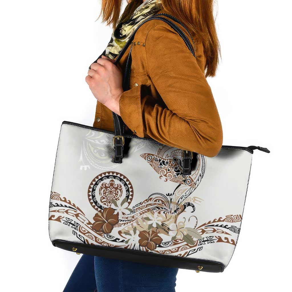 Polynesian Manta Ray Leather Tote Bag Beige Floral Turtle Tattoo LT9 Beige - Polynesian Pride