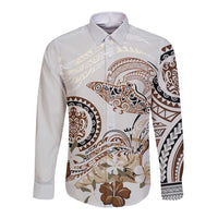 Polynesian Manta Ray Long Sleeve Button Shirt Beige Floral Turtle Tattoo - Polynesian Pride