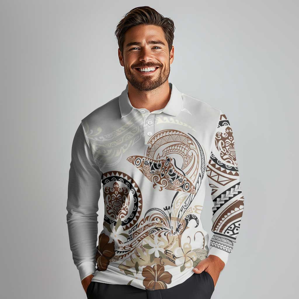 Polynesian Manta Ray Long Sleeve Polo Shirt Beige Floral Turtle Tattoo - Polynesian Pride