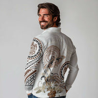 Polynesian Manta Ray Long Sleeve Polo Shirt Beige Floral Turtle Tattoo - Polynesian Pride