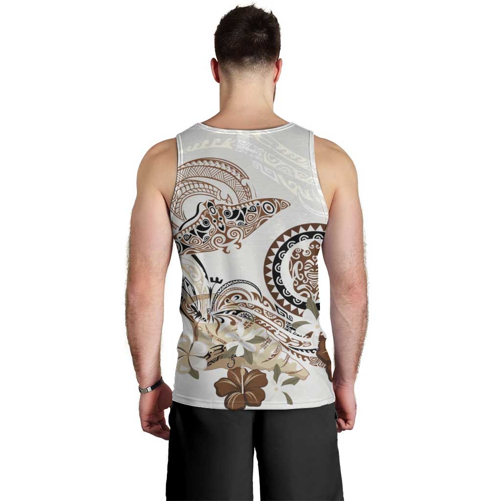 Polynesian Manta Ray Men Tank Top Beige Floral Turtle Tattoo - Polynesian Pride