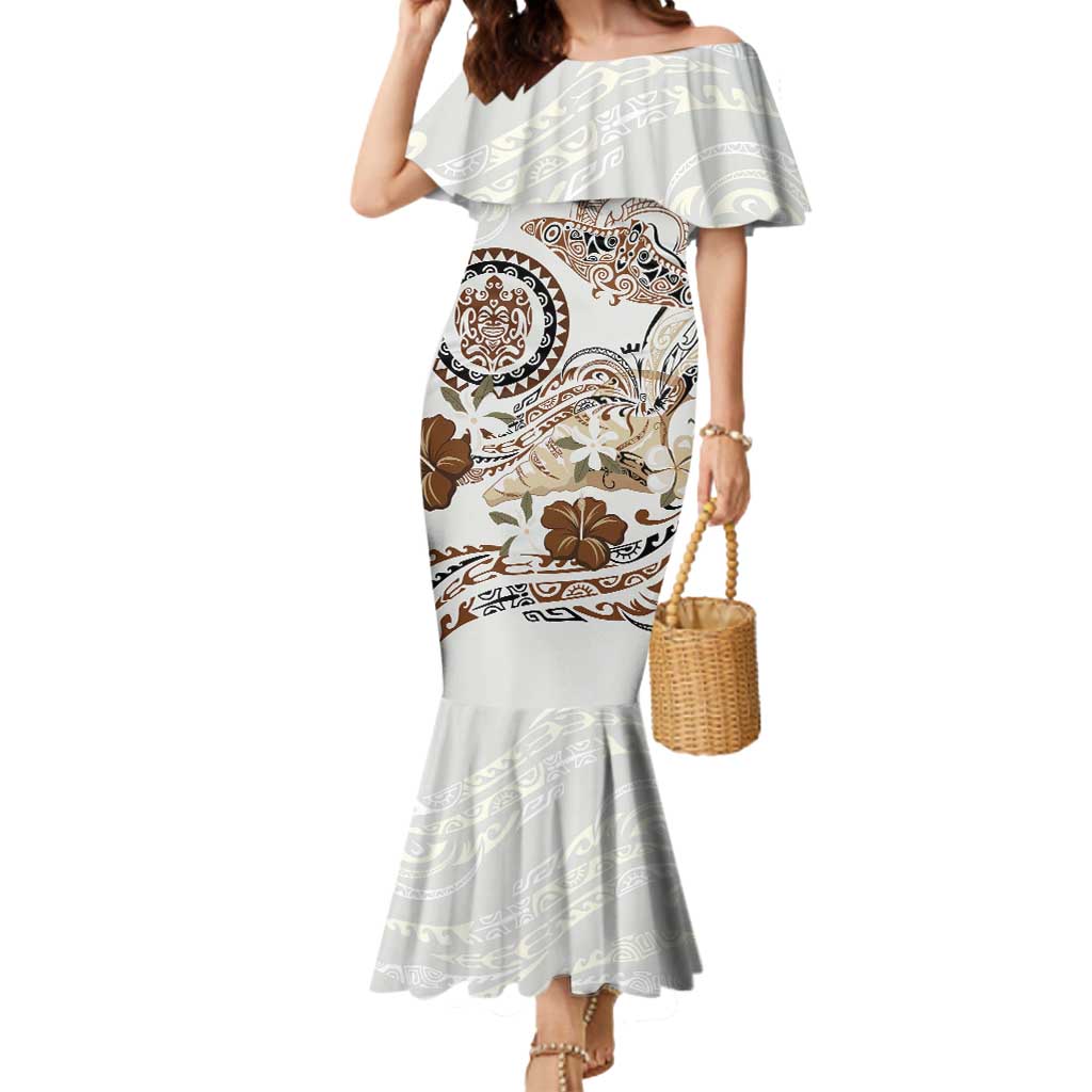 Polynesian Manta Ray Mermaid Dress Beige Floral Turtle Tattoo - Polynesian Pride