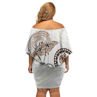 Polynesian Manta Ray Off Shoulder Short Dress Beige Floral Turtle Tattoo - Polynesian Pride