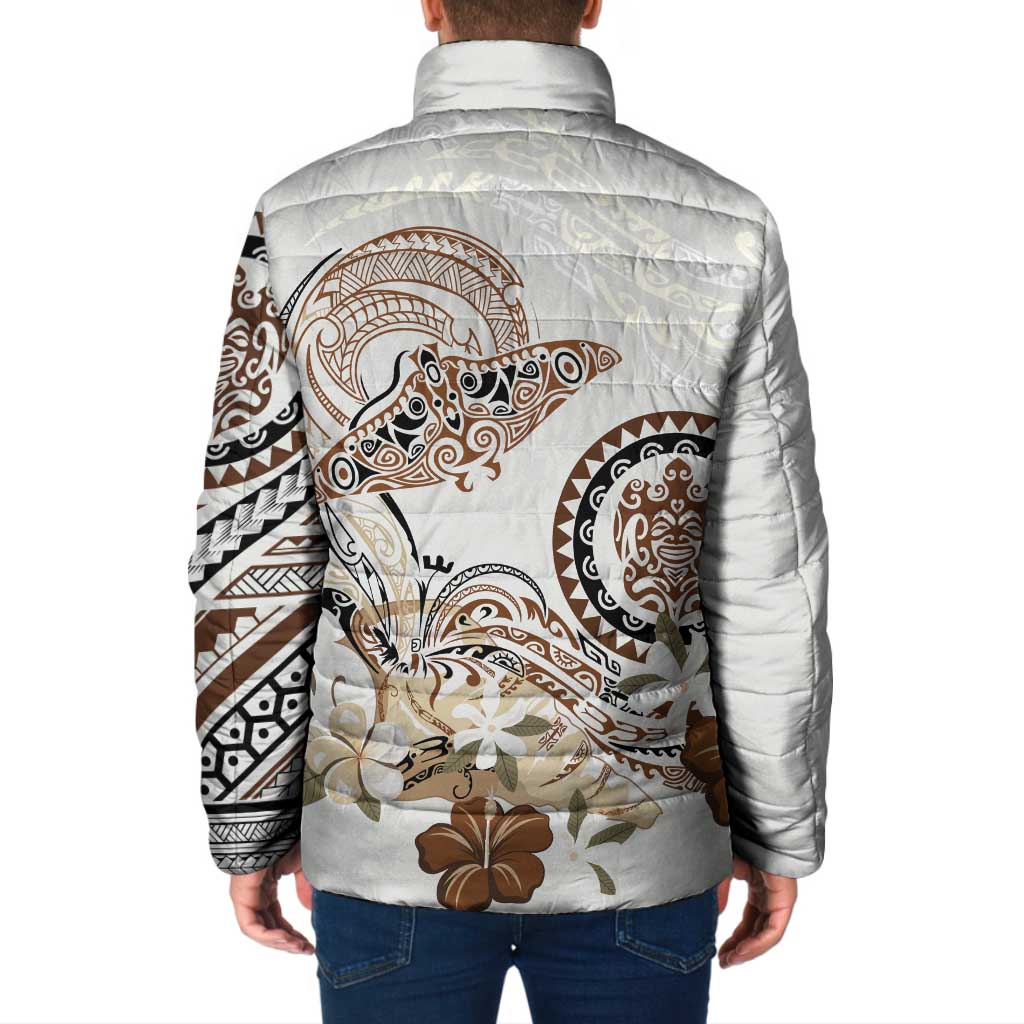 Polynesian Manta Ray Padded Jacket Beige Floral Turtle Tattoo - Polynesian Pride